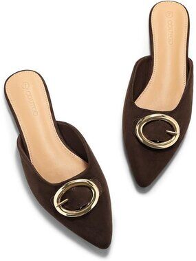 Women's Chocolate Suede Flat Mules Metal Closed Pointed Toe Slip On Dress Shoes